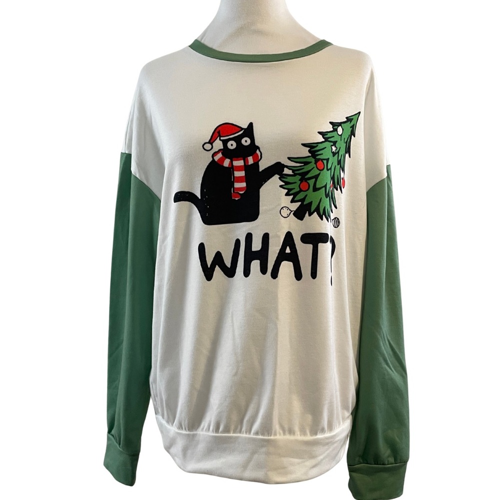 Black Cat "What?!" Christmas Tree Long Sleeve Holiday Sweatshirt Size Medium - Picture 2 of 6